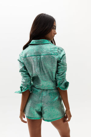 Frida Metallic Linen Shorts - Emerald Green