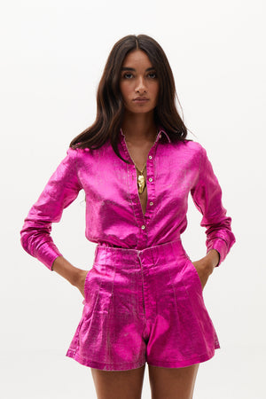 Frida Metallic Linen Shorts - Fuchsia