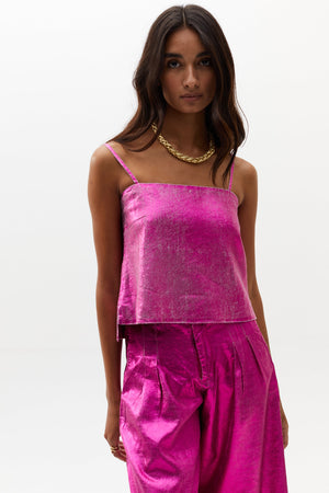 Mar Metallic Linen Top - Fuchsia