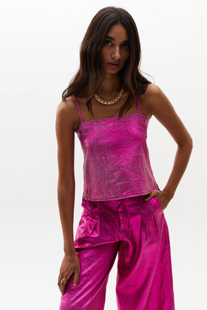 Mar Metallic Linen Top - Fuchsia
