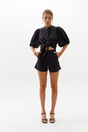 Bubble Linen Crop Top - Black