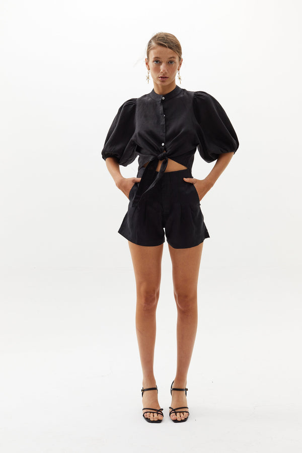 Bubble Linen Crop Top - Black
