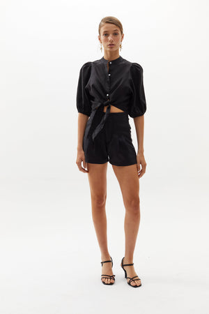 Bubble Linen Crop Top - Black