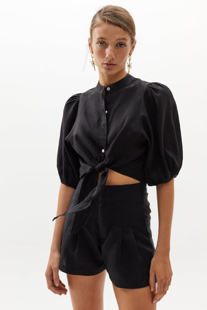 Bubble Linen Crop Top - Black