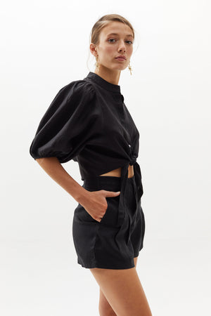 Bubble Linen Crop Top - Black