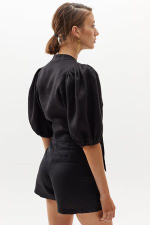 Bubble Linen Crop Top - Black