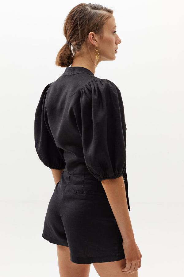 Bubble Linen Crop Top - Black