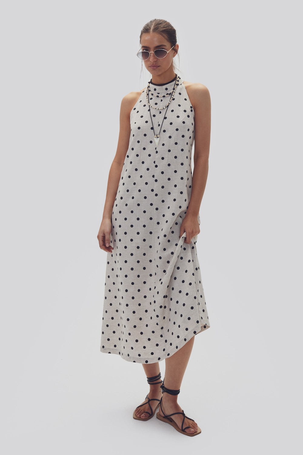 Olivia Linen Dress - Natural and Black Polka Dots