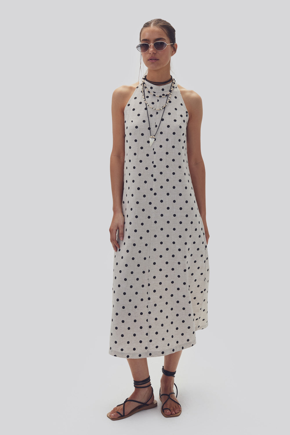 Olivia Linen Dress - Natural and Black Polka Dots