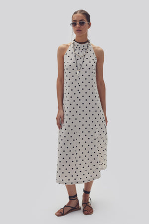 Olivia Linen Dress - Natural and Black Polka Dots