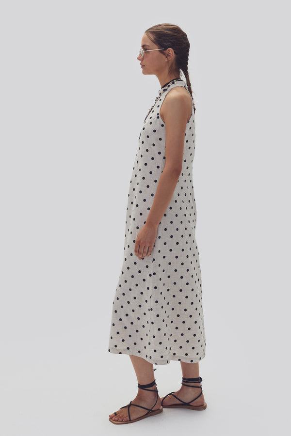 Olivia Linen Dress - Natural and Black Polka Dots