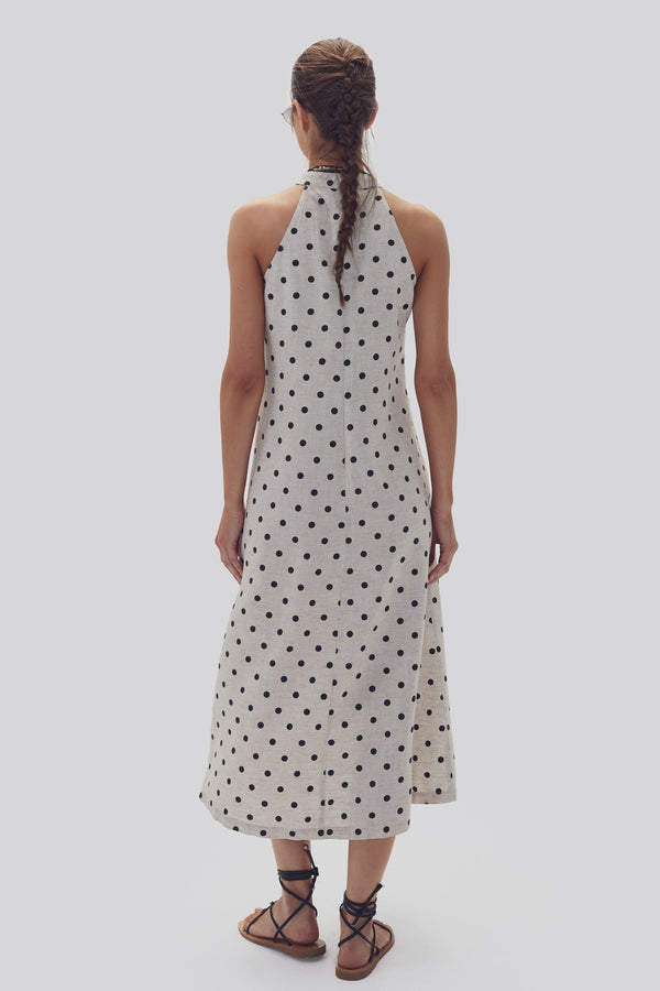 Olivia Linen Dress - Natural and Black Polka Dots