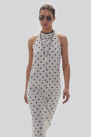 Olivia Linen Dress - Natural and Black Polka Dots