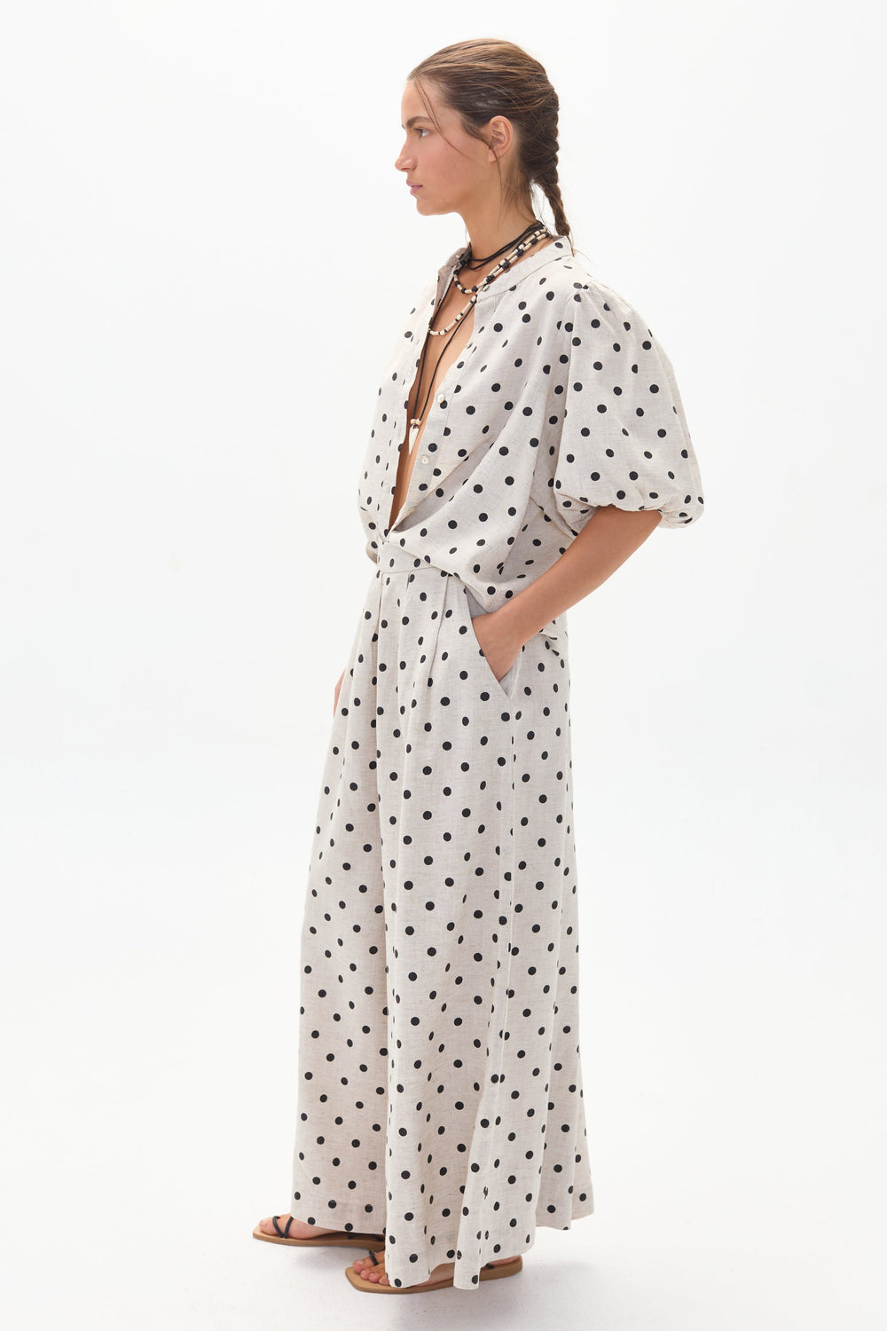Bubble Linen Shirt - Natural and Black Polka Dots