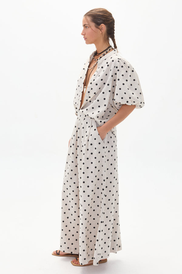 Bubble Linen Shirt - Natural and Black Polka Dots