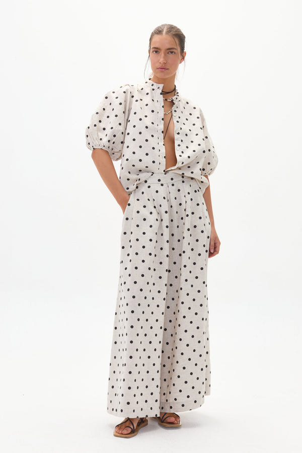 Sabi Linen Pants - Natural and Black Polka Dots
