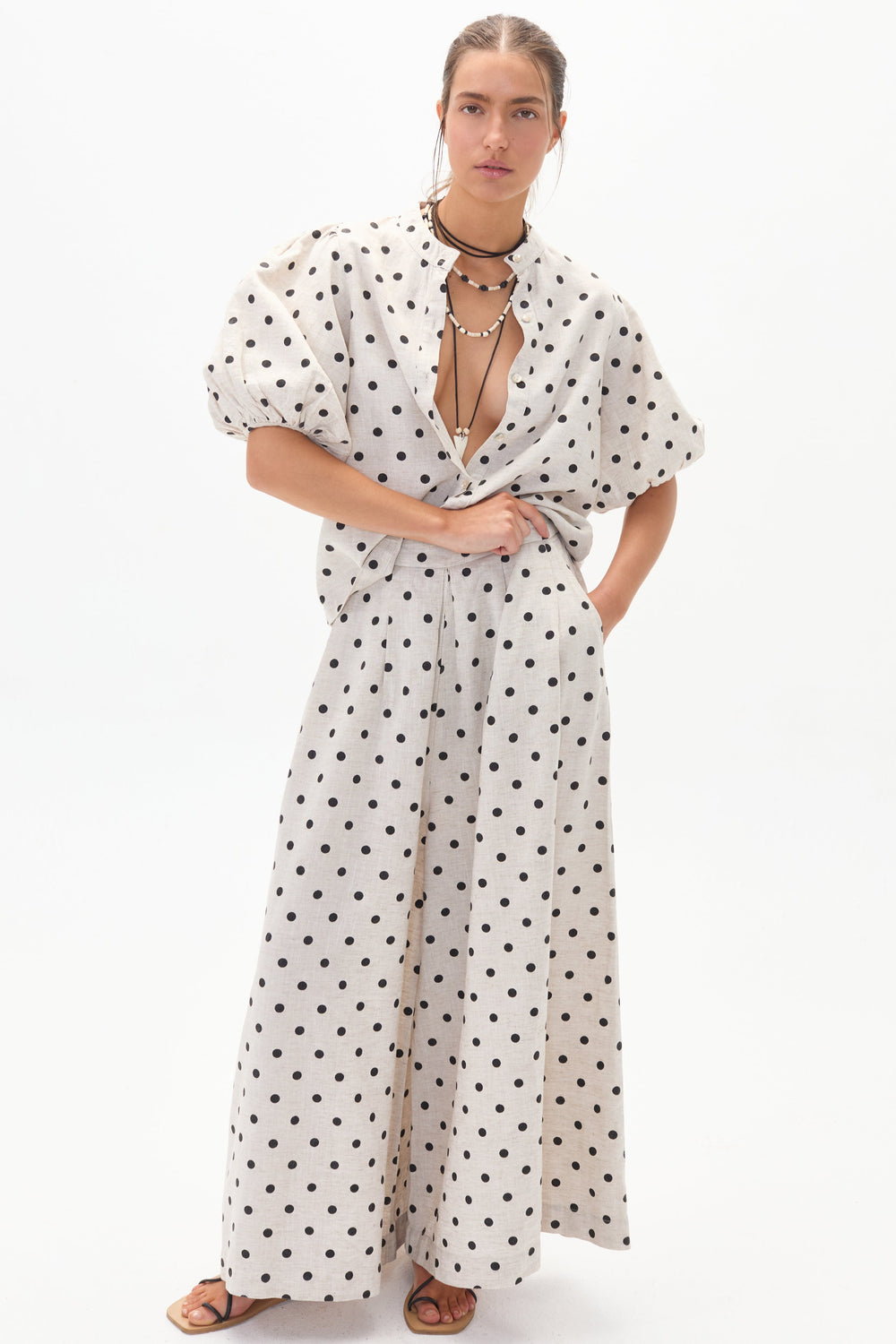 Sabi Linen Pants - Natural and Black Polka Dots
