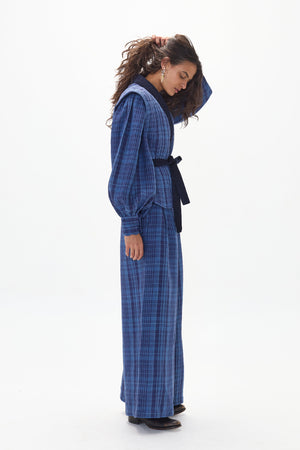 Smith Linen and Denim Vest - Ocean Checks with Navy Roses Denim