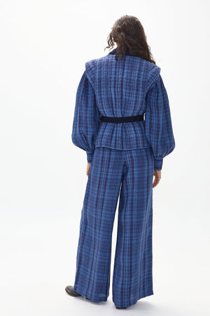 Smith Linen and Denim Vest - Ocean Checks with Navy Roses Denim