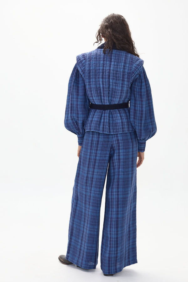 Smith Linen and Denim Vest - Ocean Checks with Navy Roses Denim