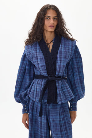 Smith Linen and Denim Vest - Ocean Checks with Navy Roses Denim