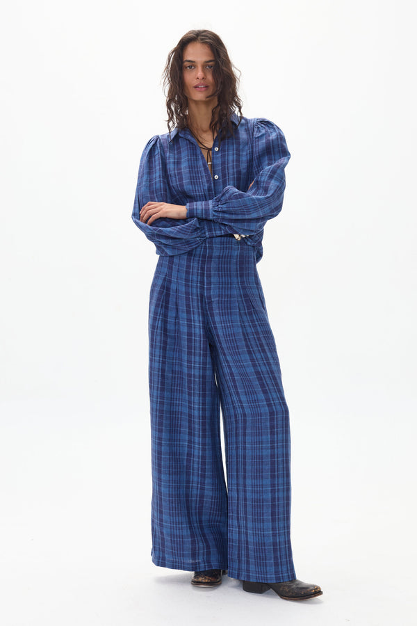 Culotte Linen Pants - Ocean Checks