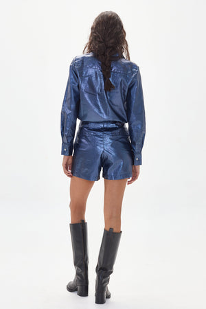 Frida Metallic Linen Shorts - Dark Blue