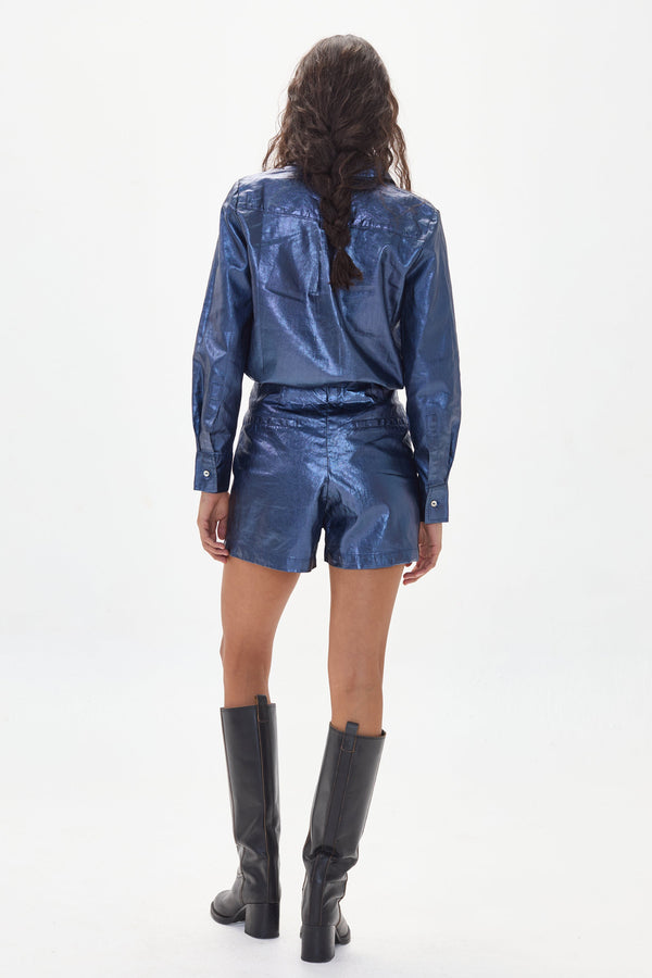 Frida Metallic Linen Shorts - Dark Blue