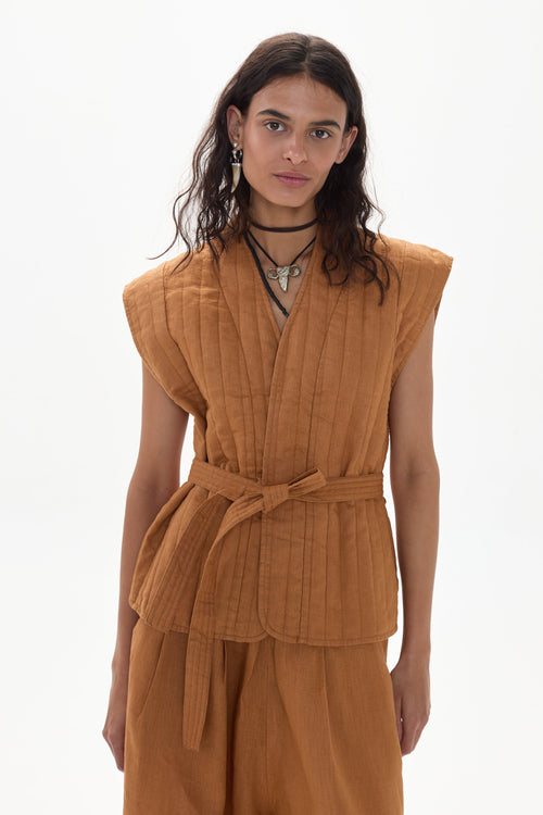 Smith Linen  Vest - Caramel