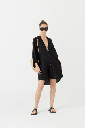 Exuma Linen Shirt Dress - Black