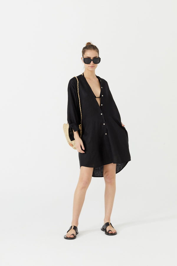Exuma Linen Shirt Dress - Black