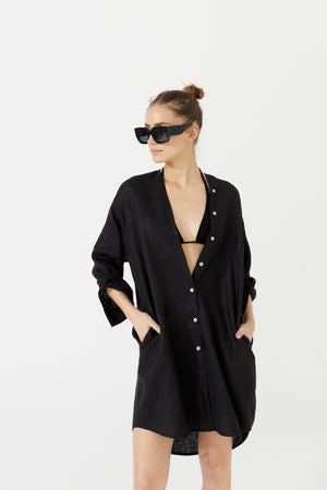 Exuma Linen Shirt Dress - Black