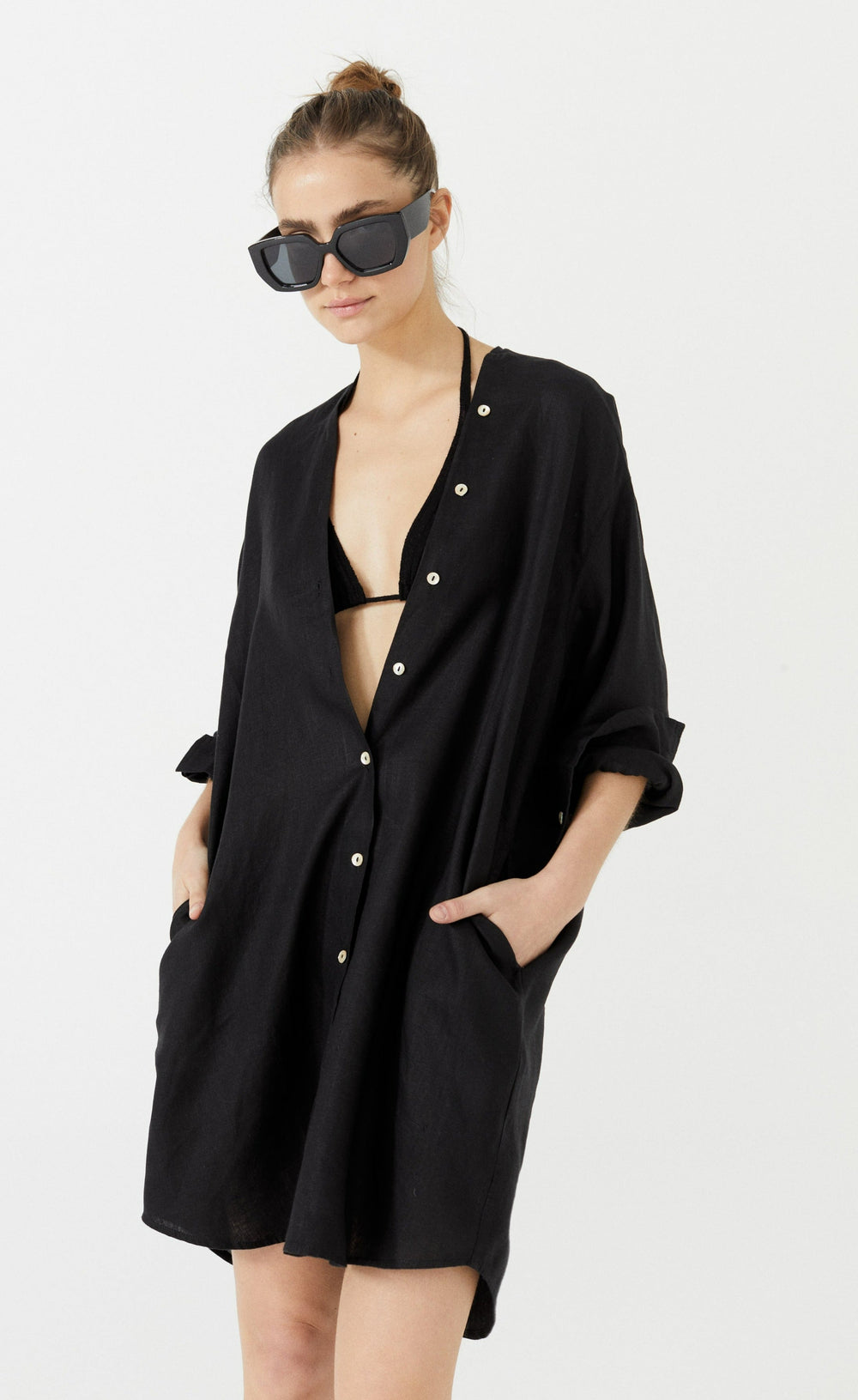 Exuma Linen Shirt Dress - Black
