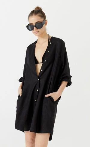 Exuma Linen Shirt Dress - Black