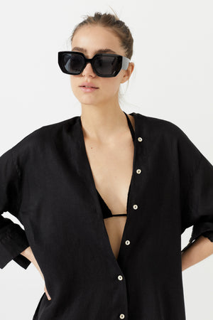 Exuma Linen Shirt Dress - Black