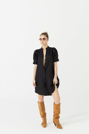 Athina Short Linen Dress - Black