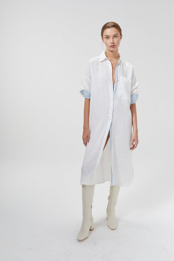 Island Linen Midi Dress - Off-White with Contrasting Details