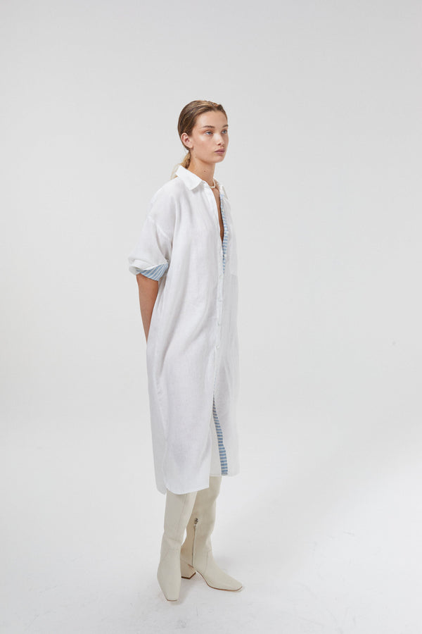 Island Linen Midi Dress - Off-White with Contrasting Details