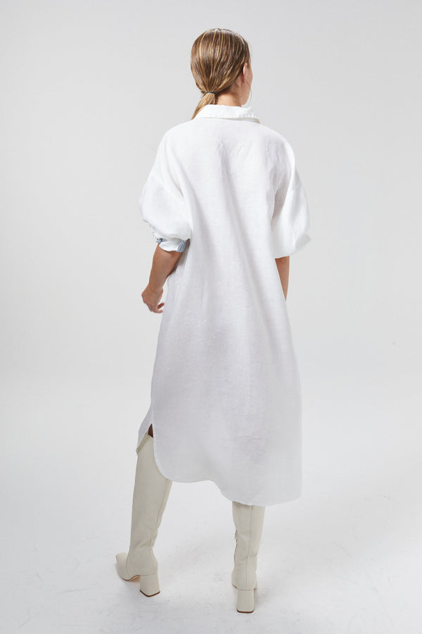 Island Linen Midi Dress - Off-White with Contrasting Details