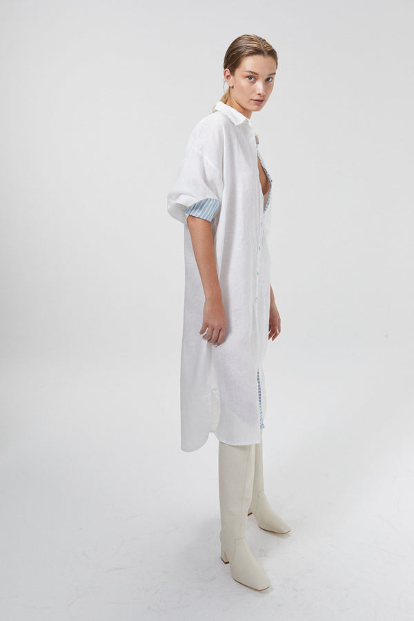 Island Linen Midi Dress - Off-White with Contrasting Details
