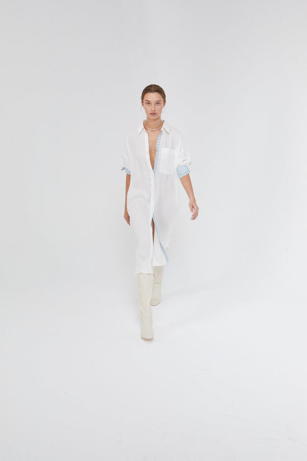 Island Linen Midi Dress - Off-White with Contrasting Details