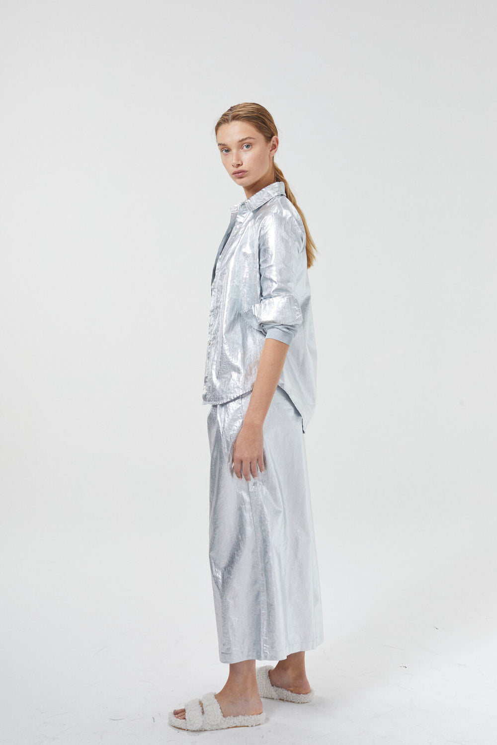 Culotte Metallic Linen Pants - New Silver