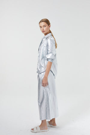 Culotte Metallic Linen Pants - New Silver