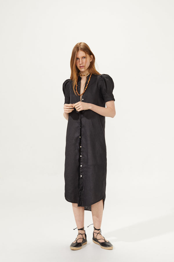 Athina Midi Linen Dress - Black
