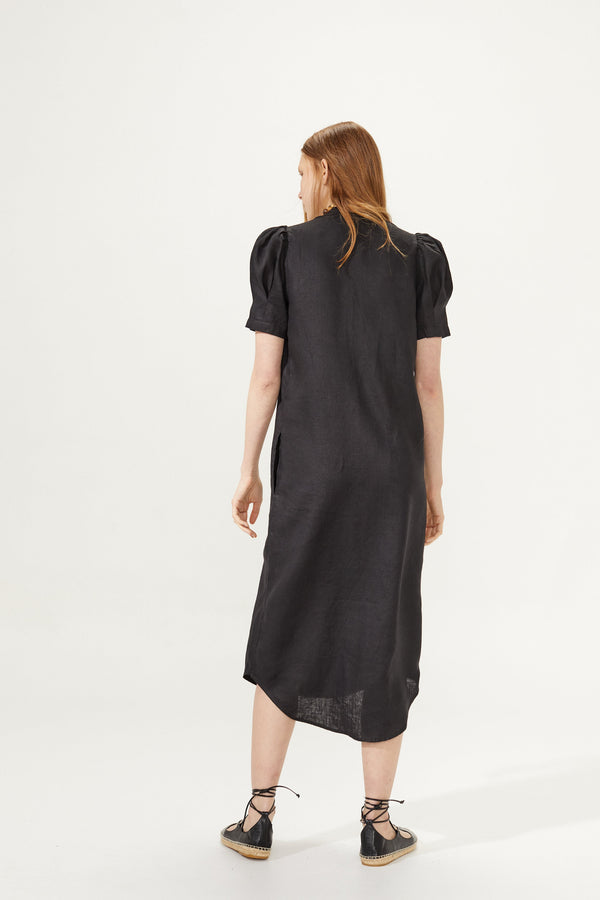 Athina Midi Linen Dress - Black
