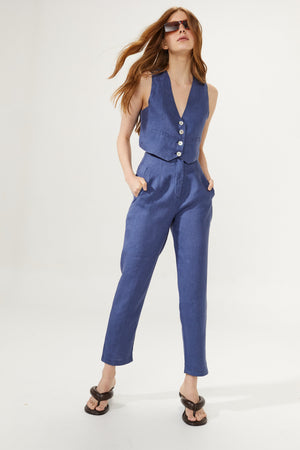 Texas Linen Pants - Deep Blue with Gold