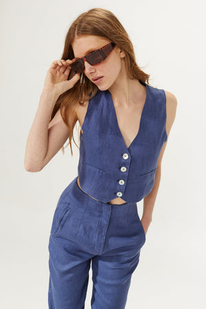 Texas Linen Pants - Deep Blue with Gold