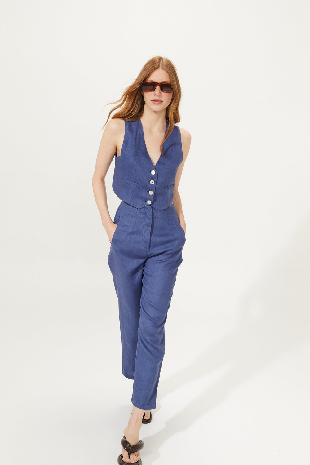 Texas Linen Pants - Deep Blue with Gold