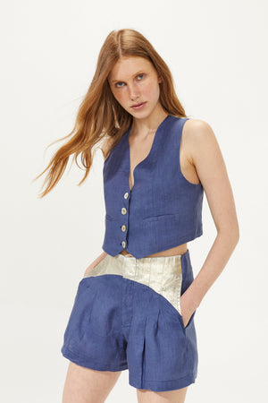 Sunset Linen Short - Deep Blue with Gold