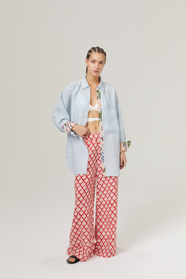 Island Linen Shirt - Light Blue and White Stripes with Contrasting Details